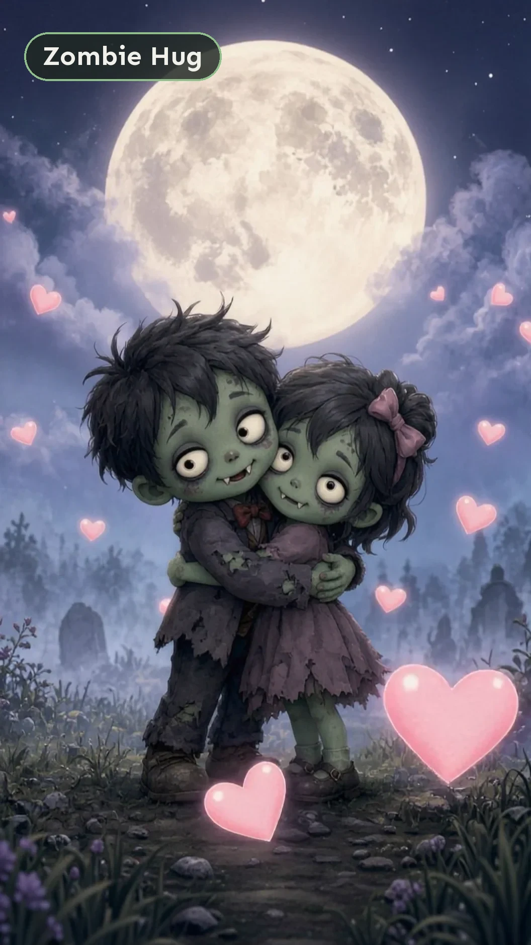AI zombie hug video of a cartoon couple surrounded by floating hearts