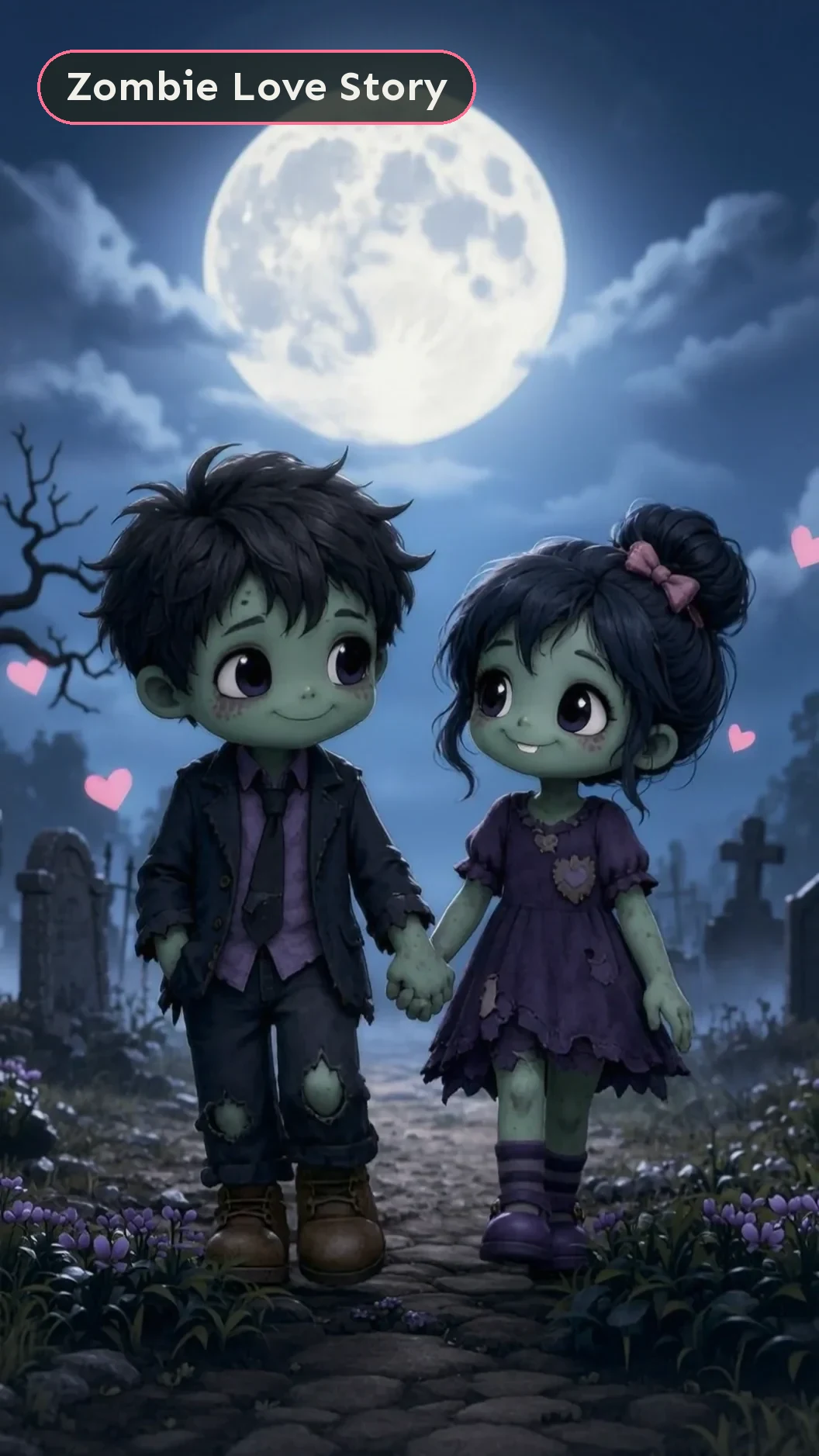 Zombie love story AI video of a cartoon couple walking hand in hand under a full moon