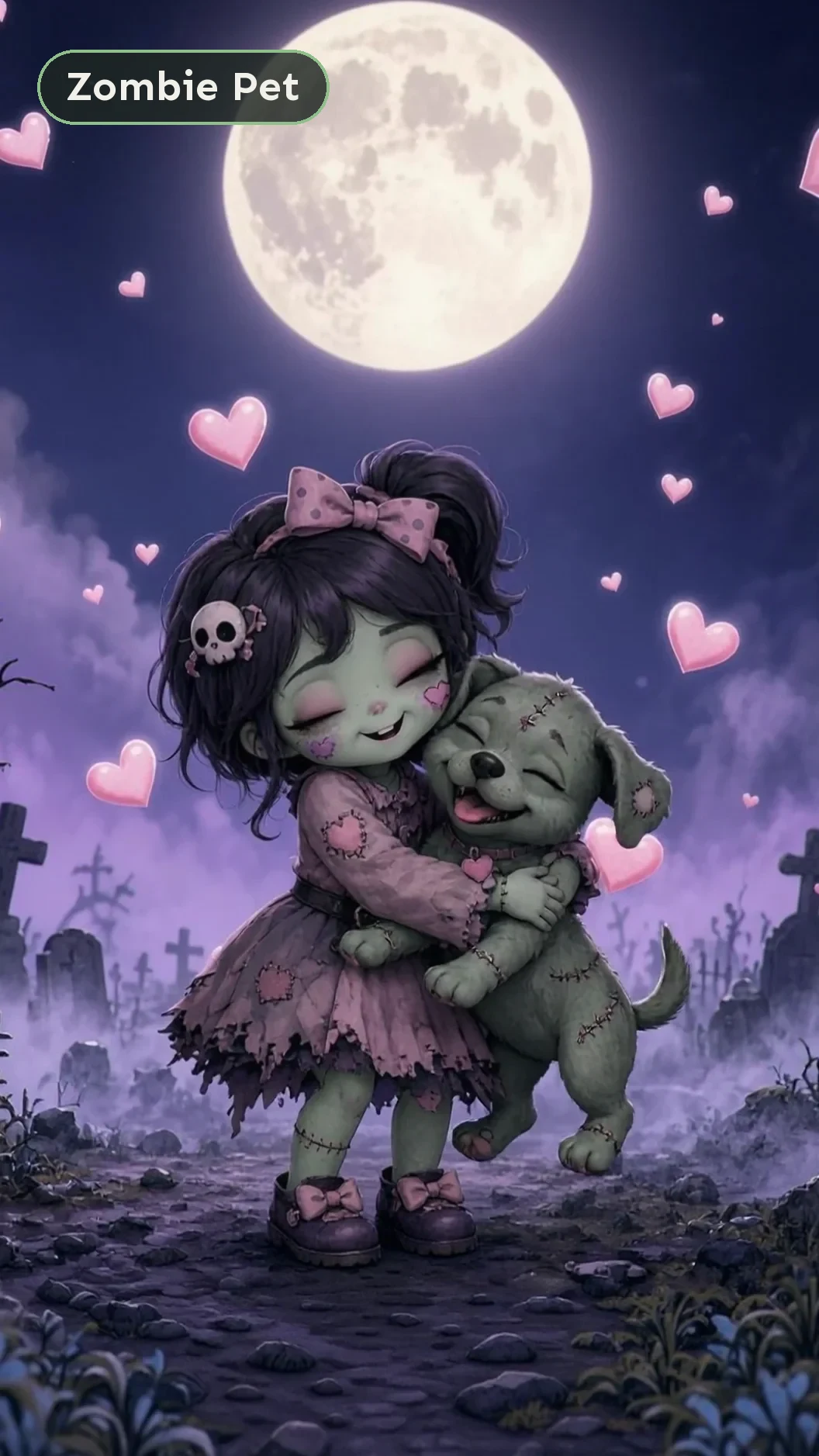 Zombie pet video of a girl hugging a little green zombie dog